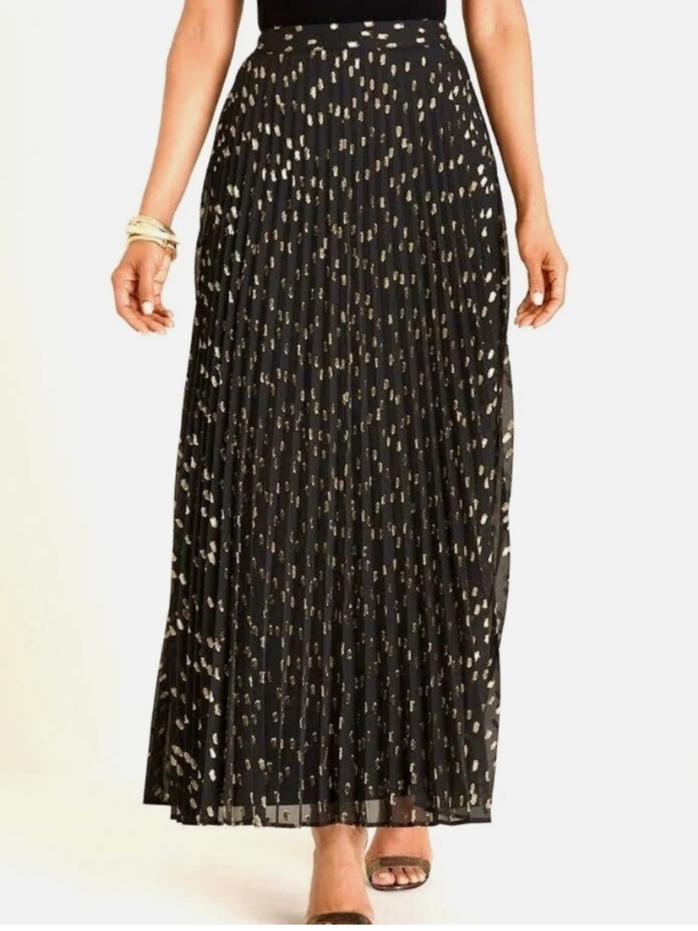 Chico's Gold Dot Black Pleated Maxi Skirt Size 16 XL (Chico’s 3)